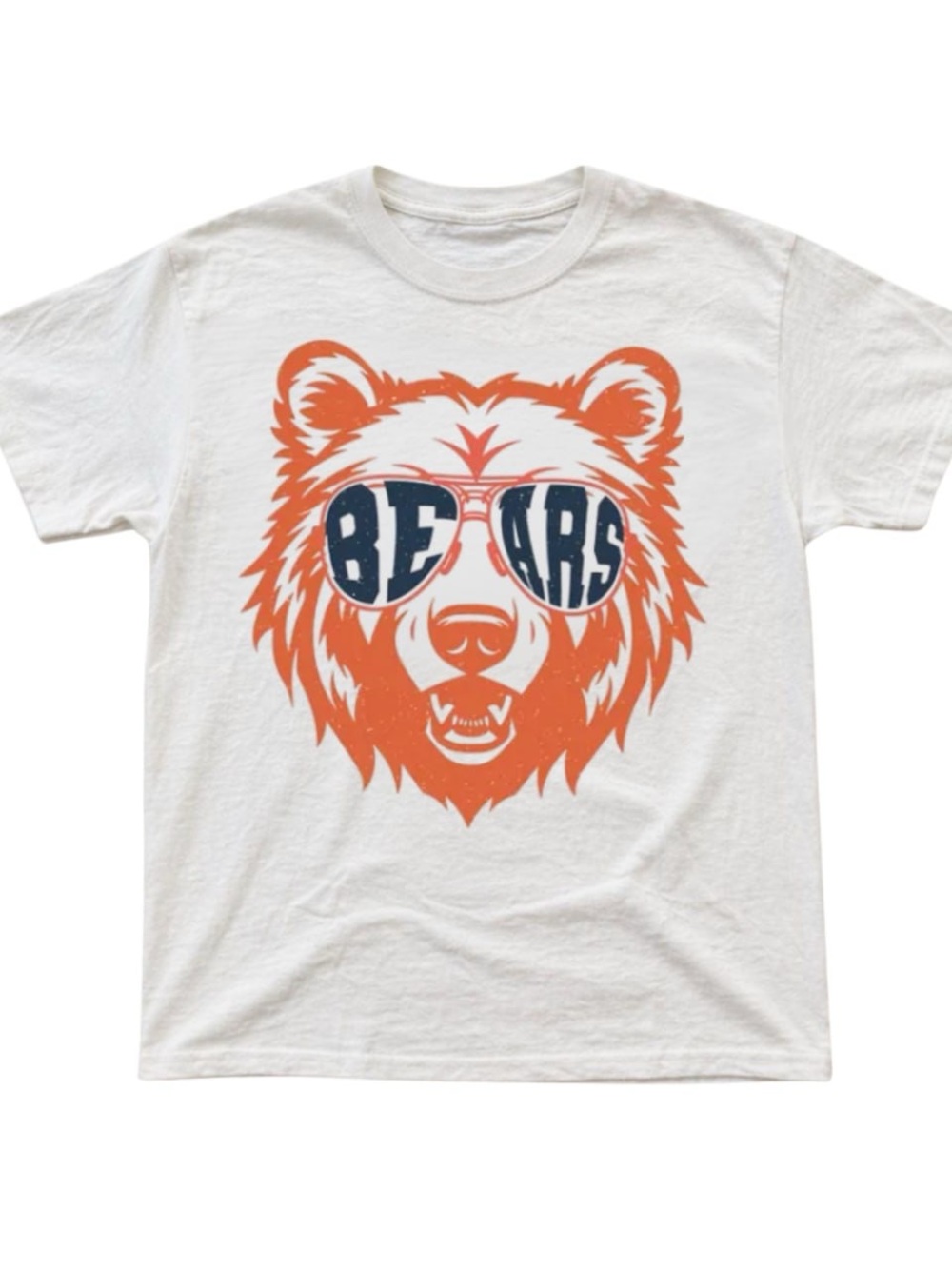 White Tee with Orange Bear Graphic and Navy Sunglasses